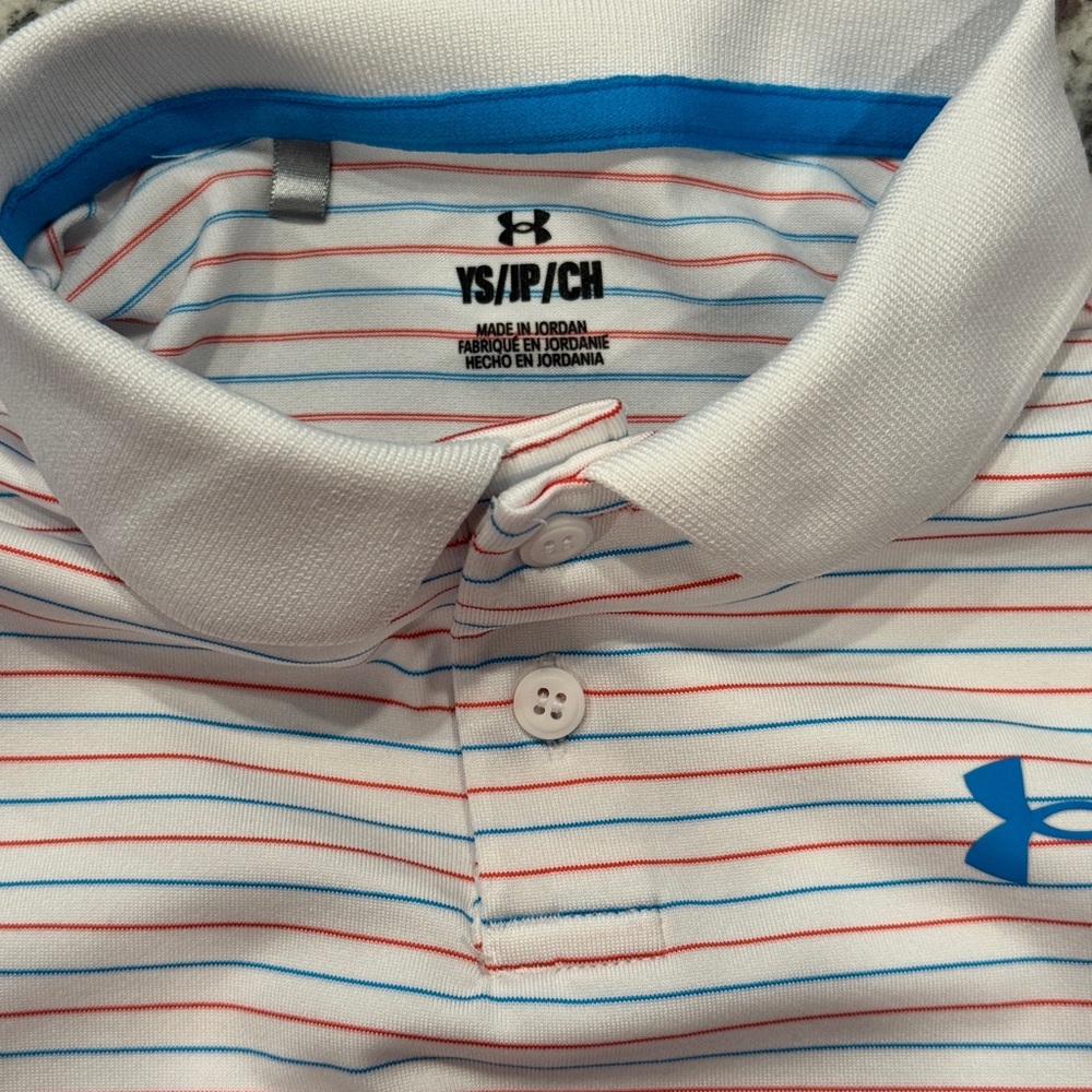 Under Armour White Kids Polo with Red & Blue Stripes